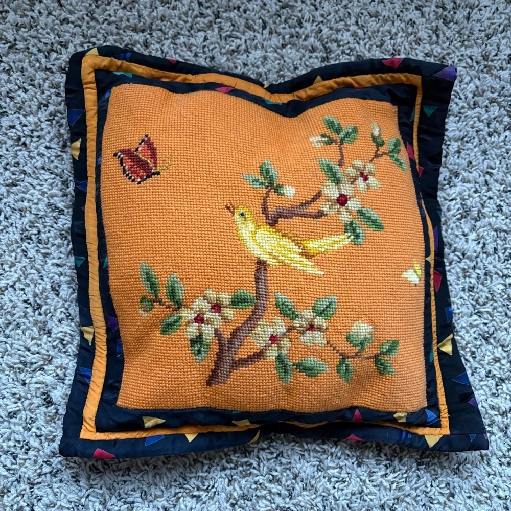 Vintage Embroidered Orange Pillow with Bird and Butterfly Floral Design